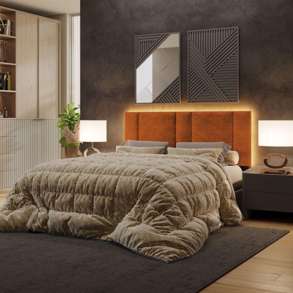 Cabeceira Estofada Iluminação Led Cama Casal Queen Size 160 Cm Cor:buclé Terracota