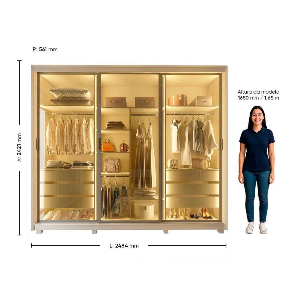 Miniatura Guarda-roupa Casal 3 Portas Reflecta com Pés e Led 100% Mdf Platinum Off White