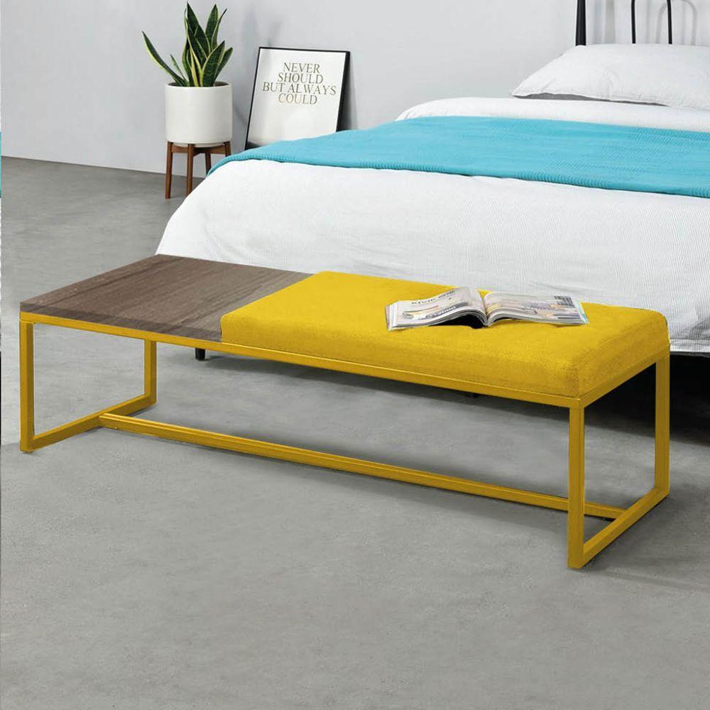 Miniatura Calçadeira Recamier Londres 160cm Dourado Suede Amarelo Tampo Quadrado Mdf Nogal - Ahazzo Móveis