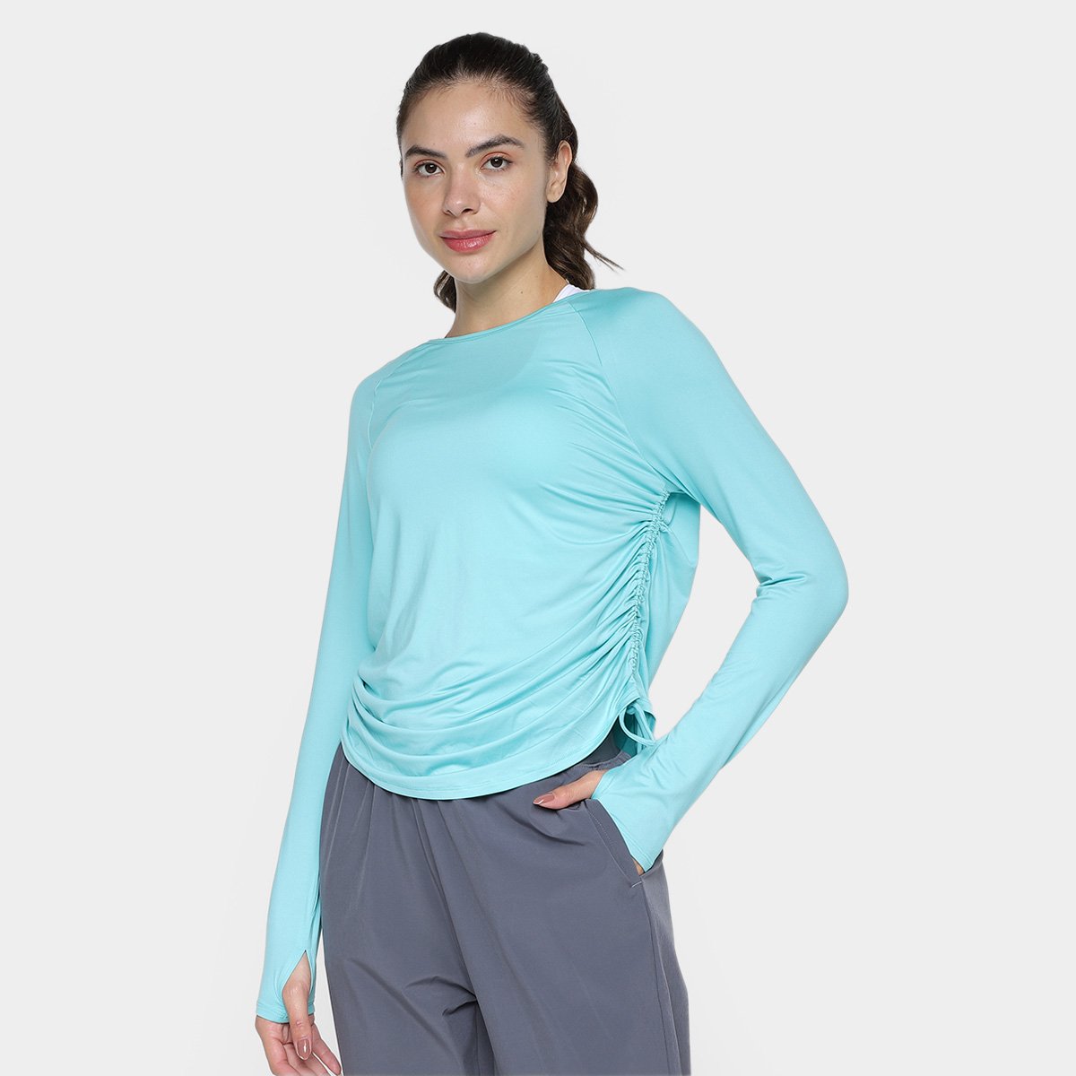 Miniatura Camiseta Manga Longa Under Armour Motion LS Longline Feminina Azul Turquesa+Branco - G