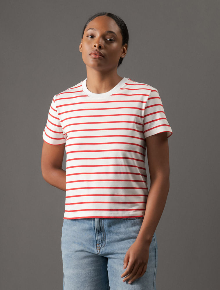 Miniatura Camiseta Feminina Listras Calvin Klein Jeans - Vermelho Camiseta Feminina Listras Calvin Klein Jeans Vermelho g