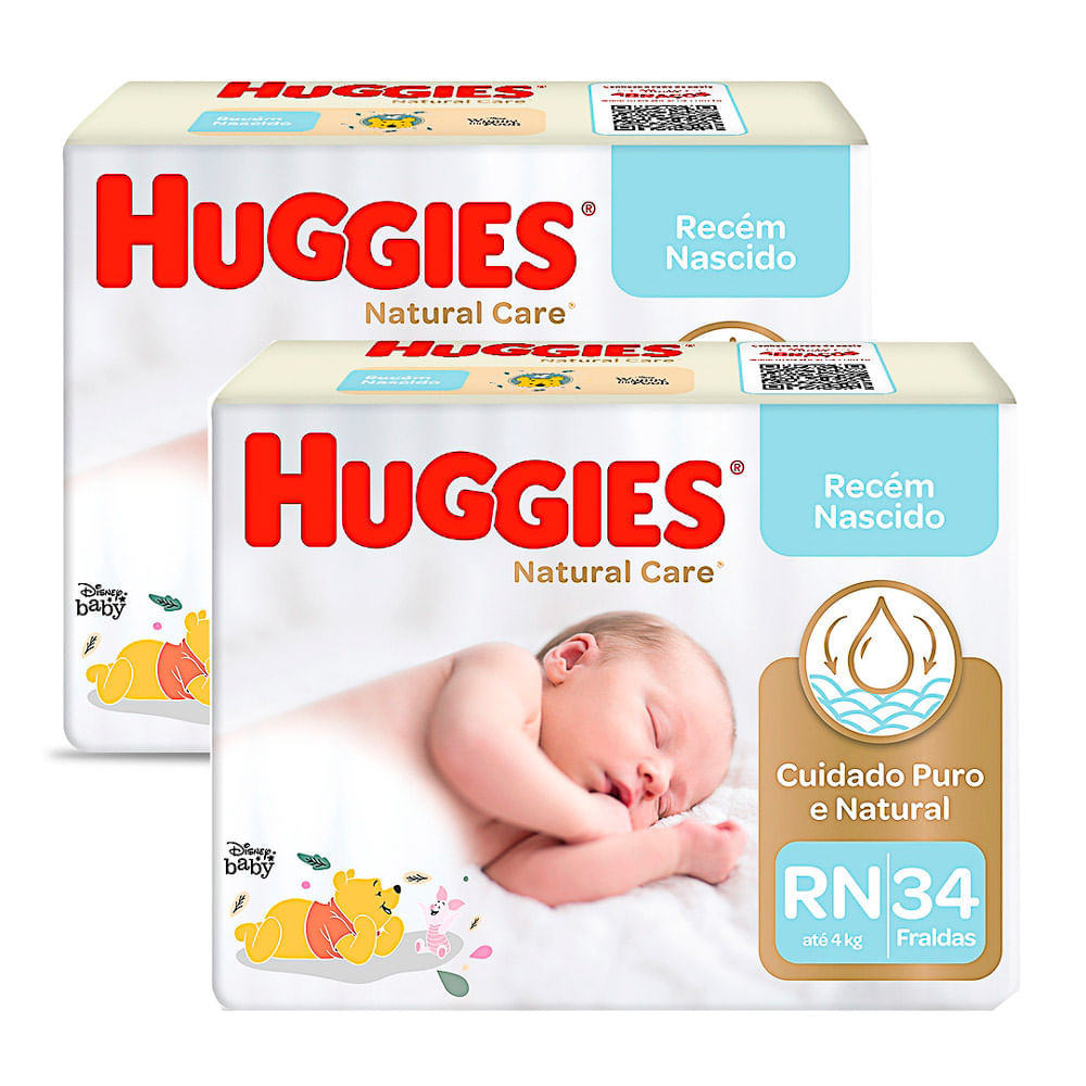 Miniatura Kit 2 Fralda Huggies Recém Nascido Natural Care 34 Unidades