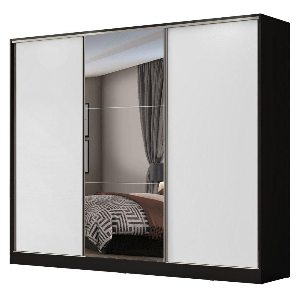 Miniatura Guarda Roupa Casal 100% MDF Madesa Zurique 3 Portas de Correr com Espelho - Preto/Branco Preto/Branco
