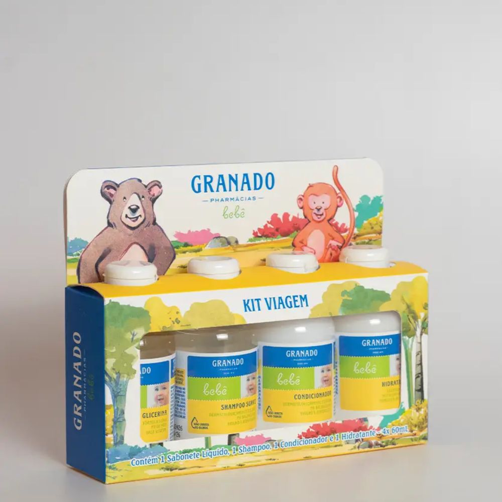 Miniatura Kit Granado Bebe Sabonete de Glicerina Shampoo Suave Condicionador e Hidratante com 60ml cada