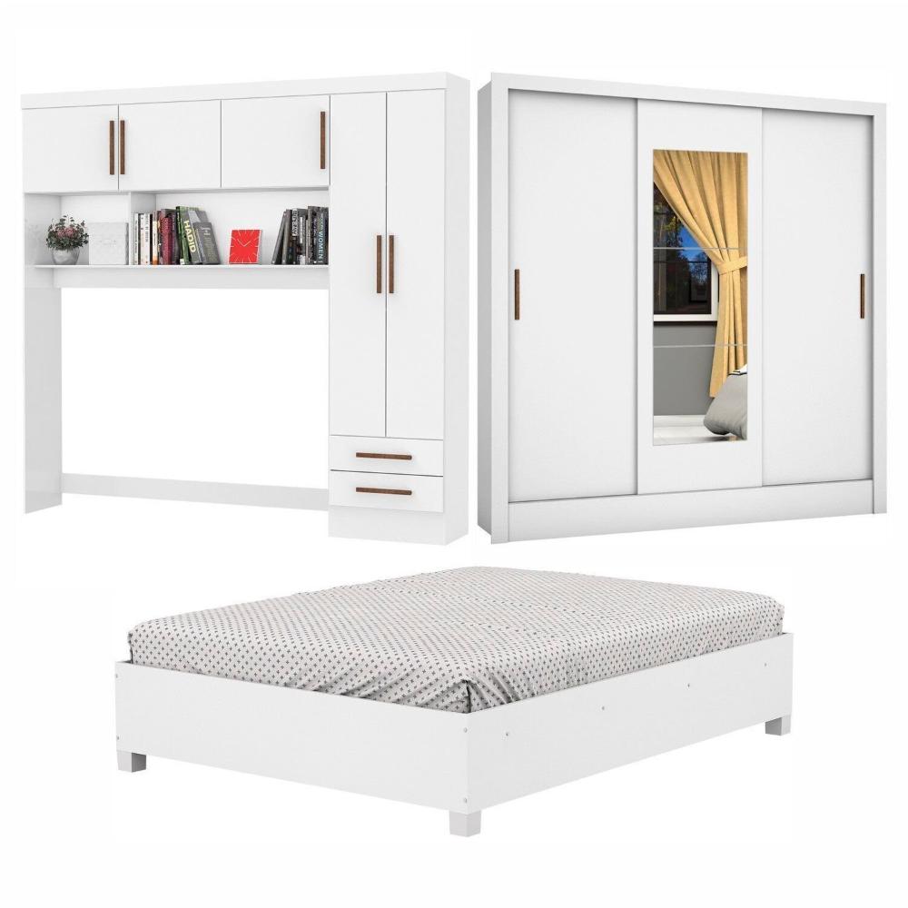Miniatura Guarda-roupa Casal Modulado 5 Portas com Cama Santiago 3 Portas com Espelho 5 Gavetas Branco