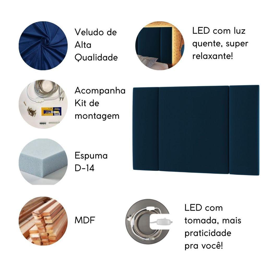 Miniatura Cabeceira Estofada Cama Casal Queen Size Led Star 160 Cm Bivolt veludo Azul Marinho