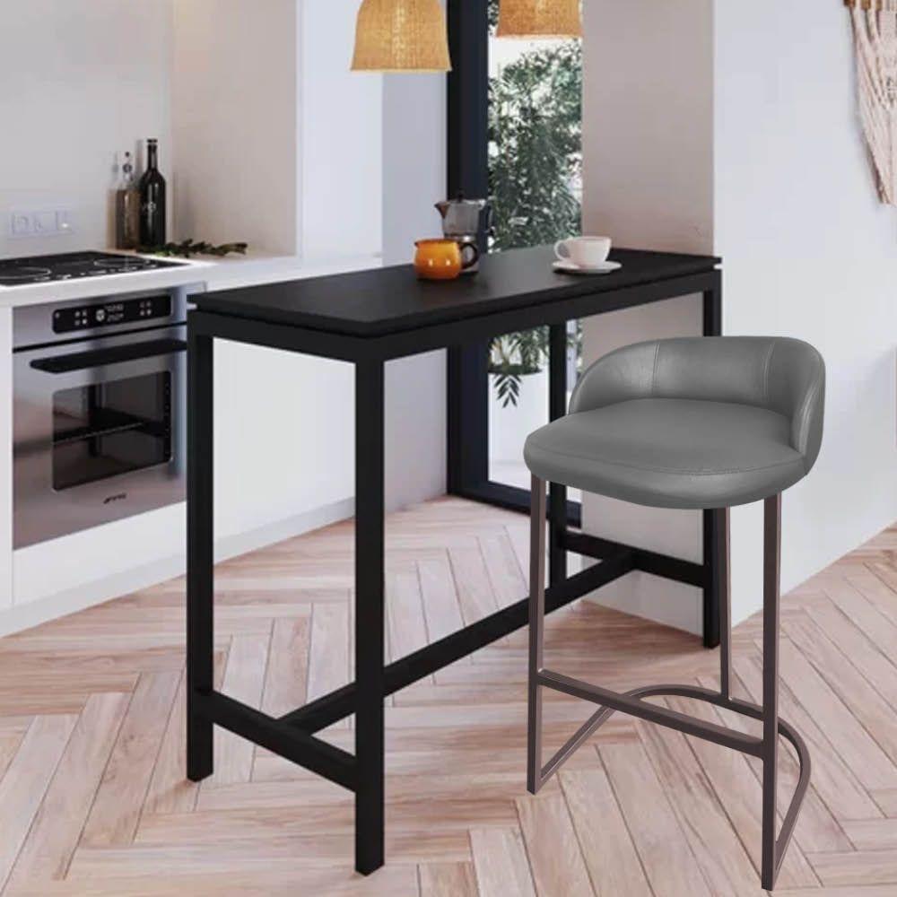Miniatura Banqueta Betyna Com Encosto Alta Cozinha Bar Balcão Ferro Marrom Corino Cinza - Amey Decor