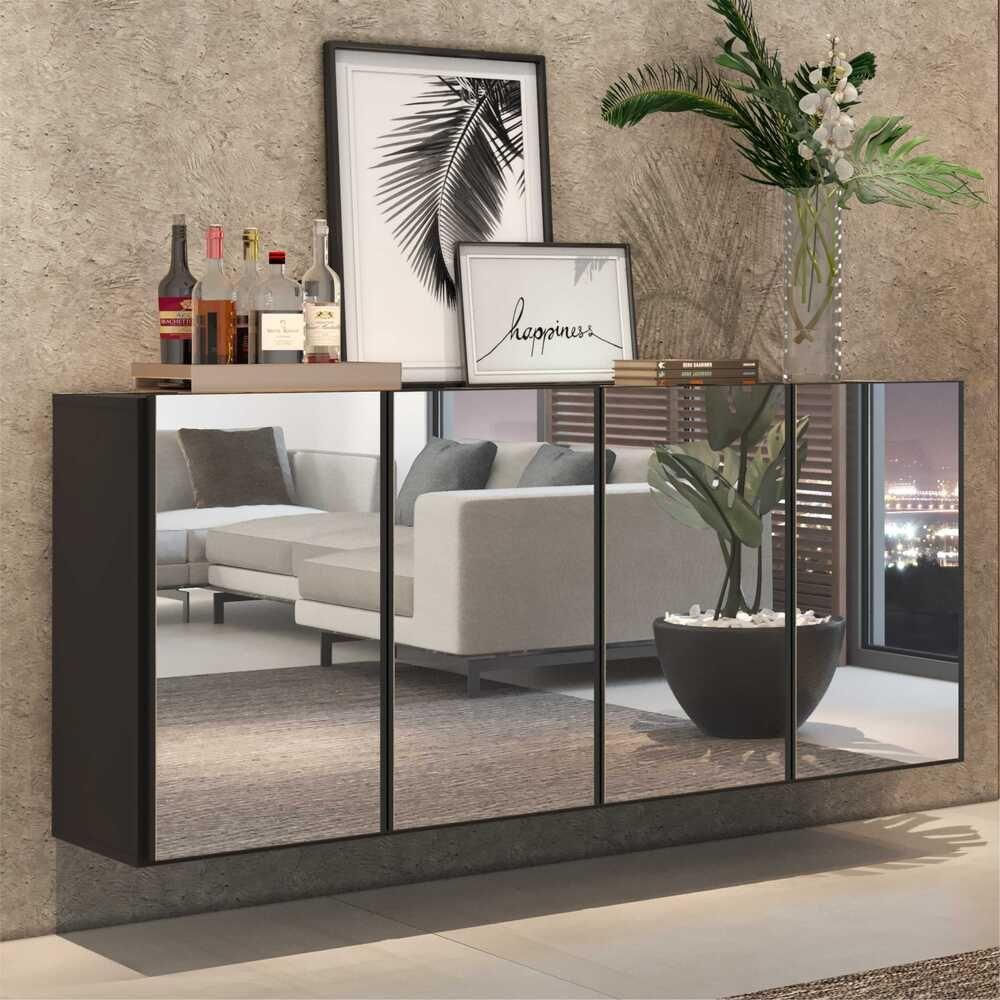 Miniatura Aparador Buffet 4 Portas com  Espelho Suspenso Preto