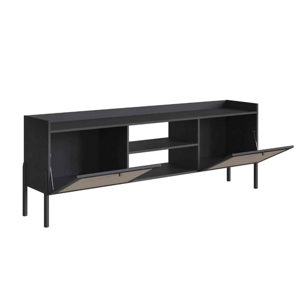 Miniatura Rack para TV até 65 Polegadas 2 Portas 183cm Palhinha Pé Madeira Oslo Nero/Preto