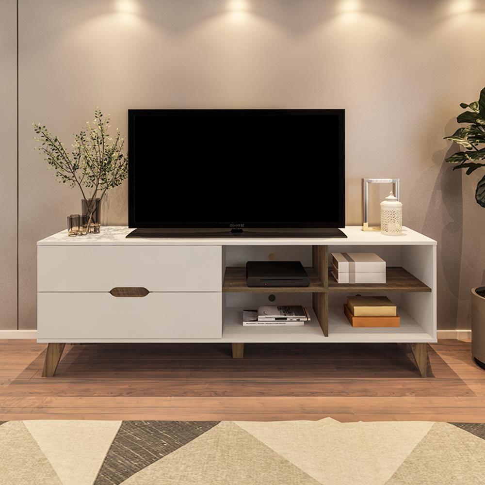 Rack Bancada Tv 75 Pol Mdf 2 Gavetas Cedro Off White Arly Cedro Off White