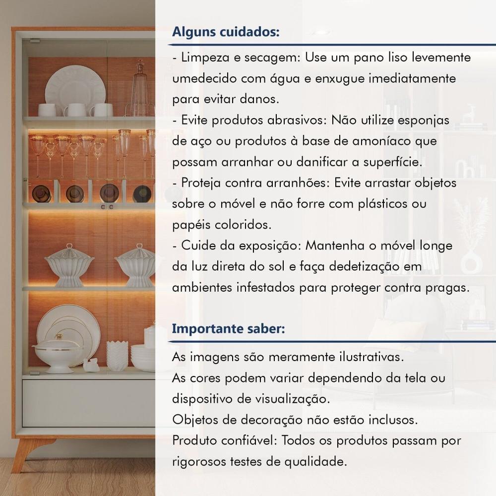 Cristaleira com Adega e Iluminação Led com Pés em Madeira Maciça e 1 Gaveta Prime Naturalle/Off White