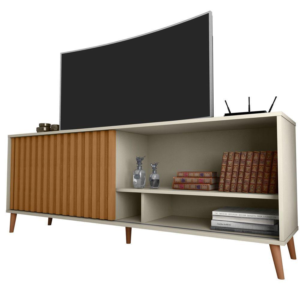 Rack Bacada Sala Para Tv Até 50 Polegadas Com Porta Ripada Luara 160x60cm Off White / Ipê