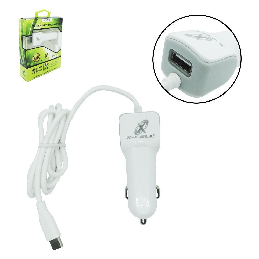 Miniatura Carregador Veicular Rapido Saida Usb 2.8A Cabo Tipo C X-Cell