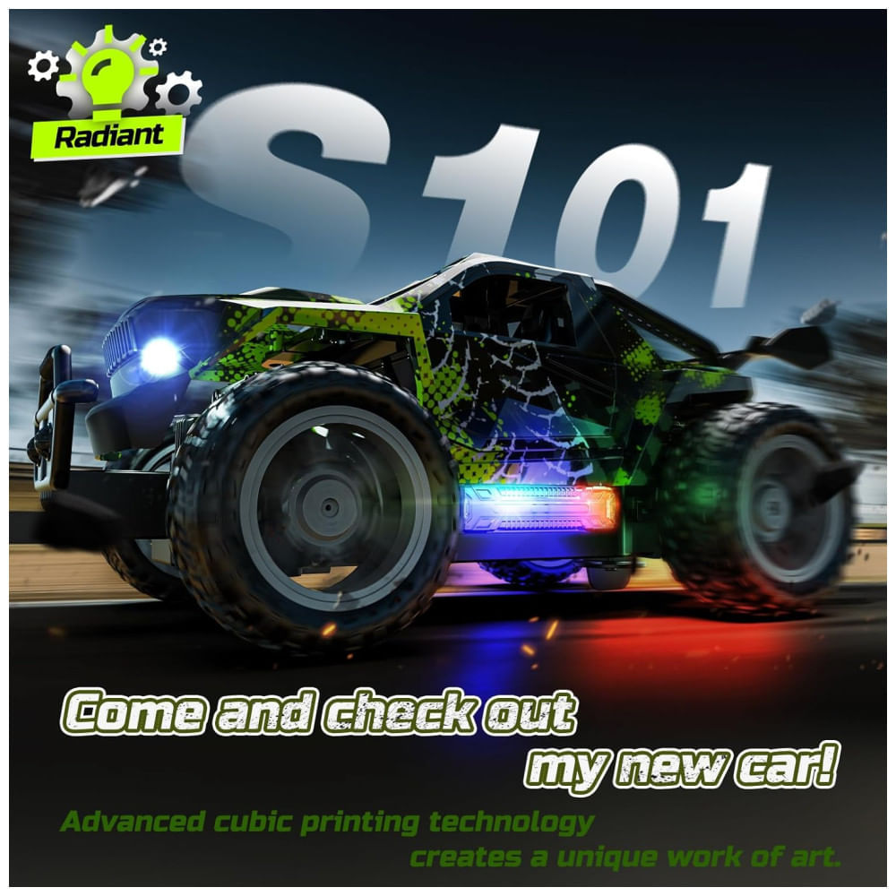 Mini Caminhão de Controle Remoto DEERC com Luzes de LED, Brinquedo Monster Truck 1:18 2.4Ghz para Meninos, 2 Baterias e Modo Turbo