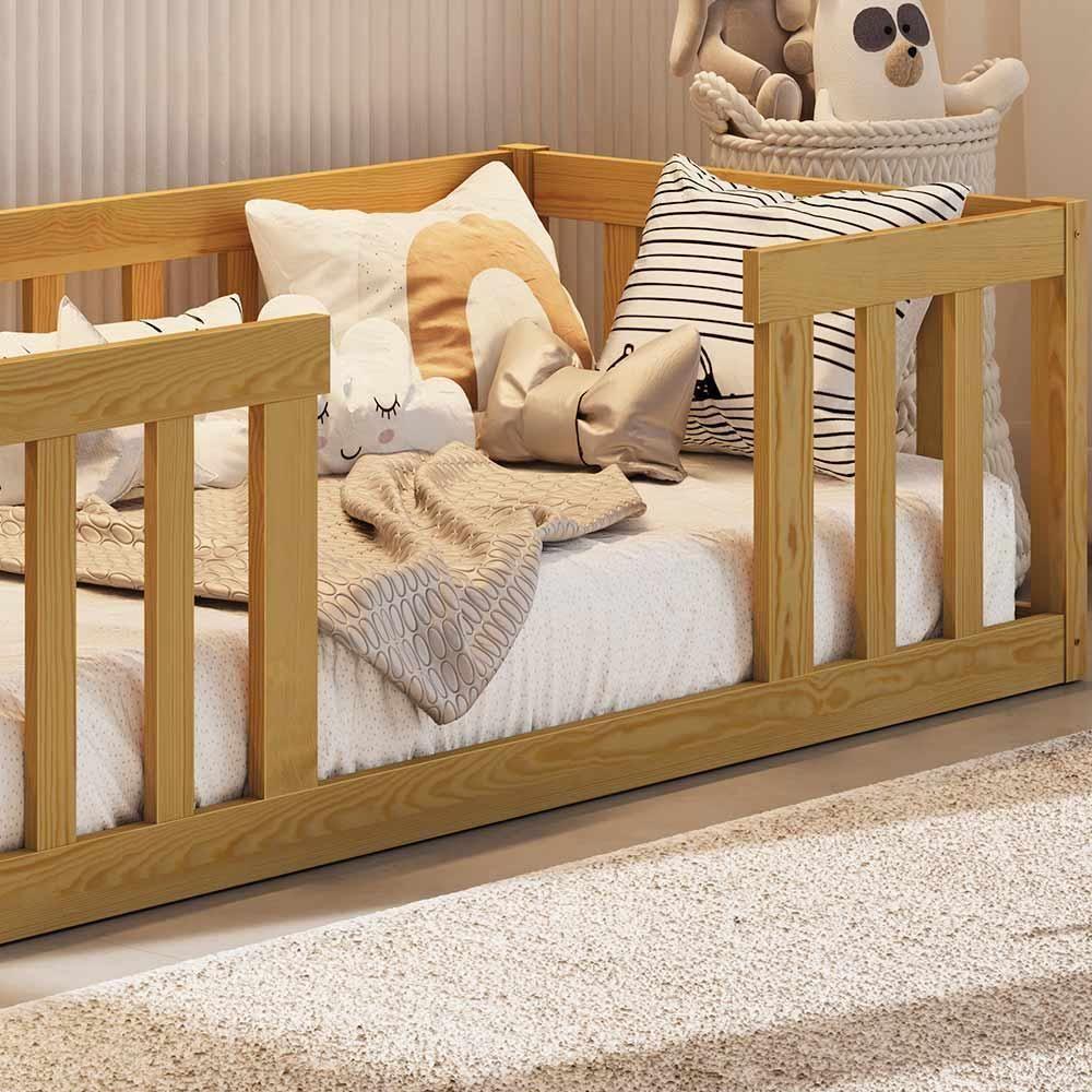 Miniatura Cama Cercadinho De Chão Infantil Montessori Nogueira Com Colchão Mura Jm Móveis