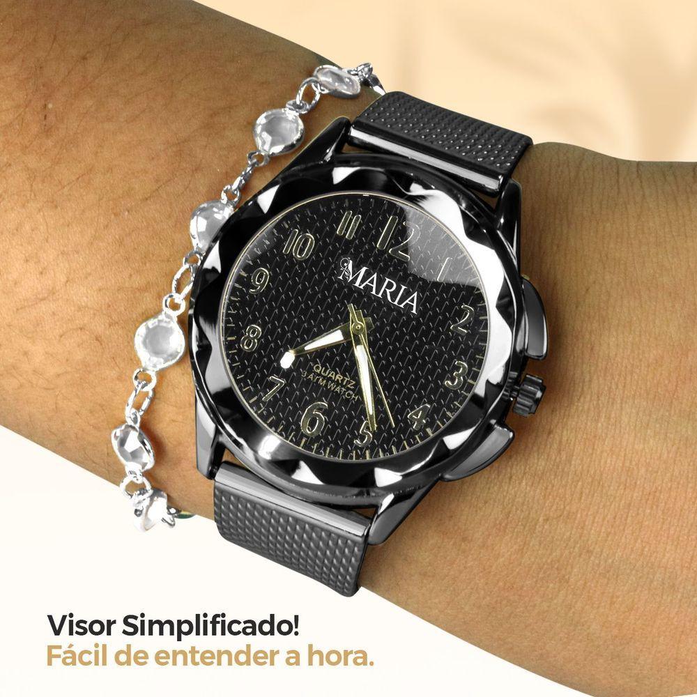 Miniatura Relogio Feminino Silicone Preto Aço Inox Prova Dagua + Caixa Strass Original Moda Ajustavel Social