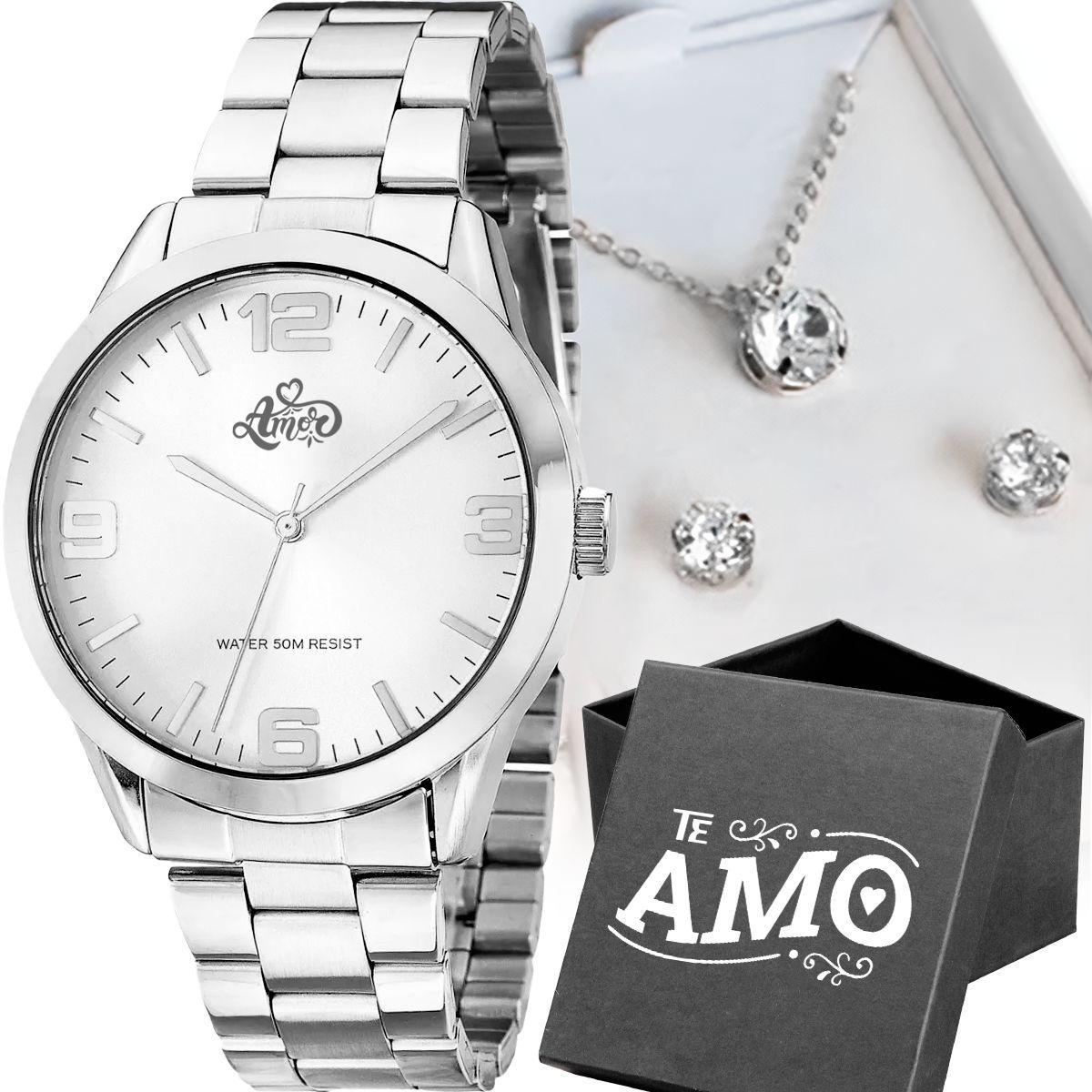 Miniatura Relogio Feminino Prata Aço Inox + Caixa + Pulseira + Colar