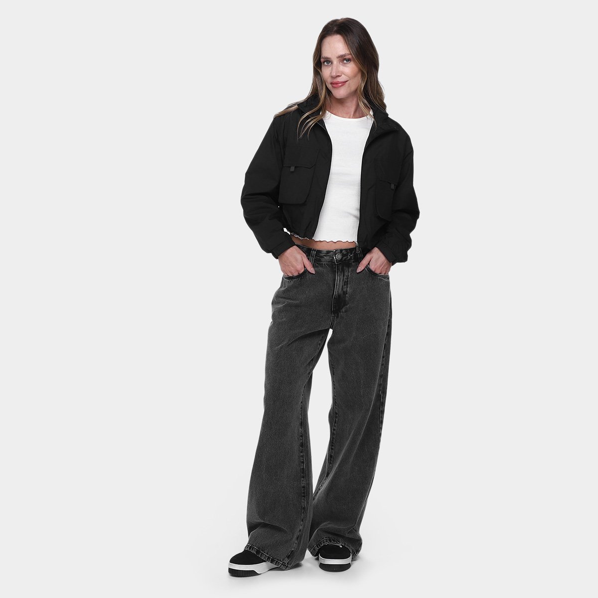 Miniatura Jaqueta Corta Vento Cropped Facinelli Feminina Preto - G