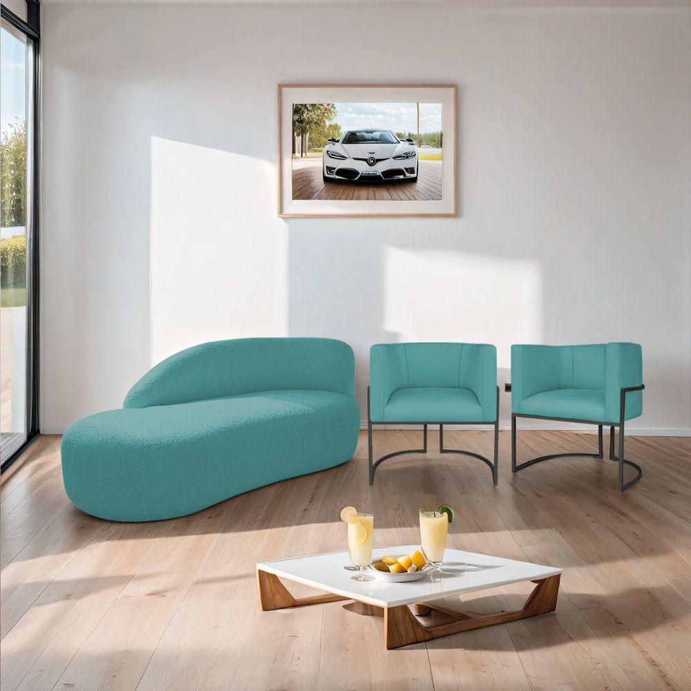 Kit Divã Luna 160cm Lado Esquerdo E 02 Poltronas Base De Ferro Preto Suede Cor Azul Turquesa