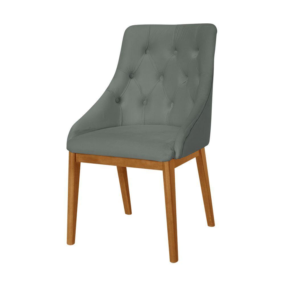 Kit 4 Cadeiras De Jantar Elisa Nobre Estofada Capitonê Veludo Cinza Base Madeira Maciça Mel