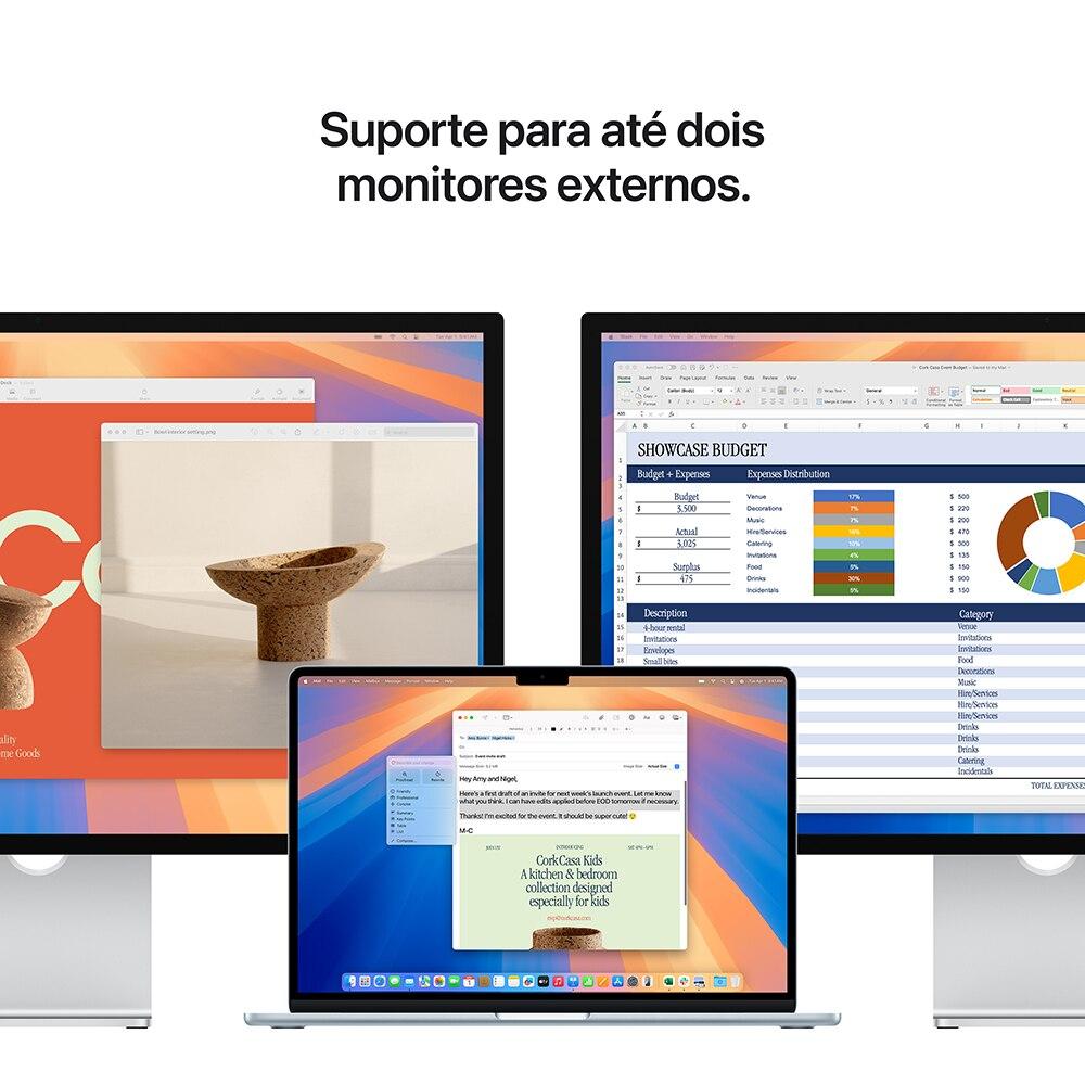 Apple Macbook Air 15", M4,  com CPU de 10 núcleos, GPU de 10 núcleos, 16GB RAM, 256GB SSD - Meia-noite