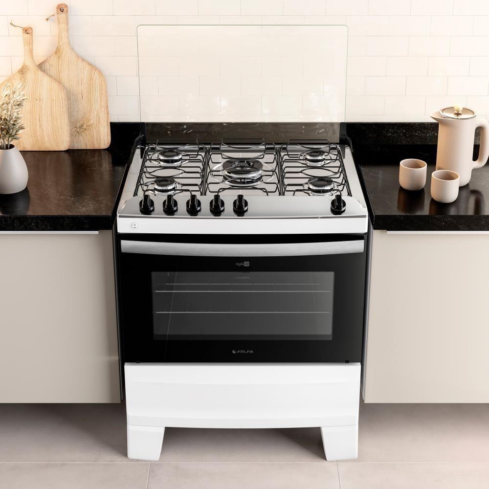 Miniatura Fogão 5 Bocas Branco Com Mesa Inox Atlas Agile Up Bivolt