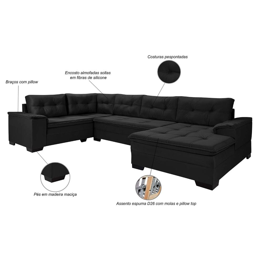 Miniatura Sofá de Canto 6 Lugares Com Chaise Suede Aveludado Viena Império Estofados Preto