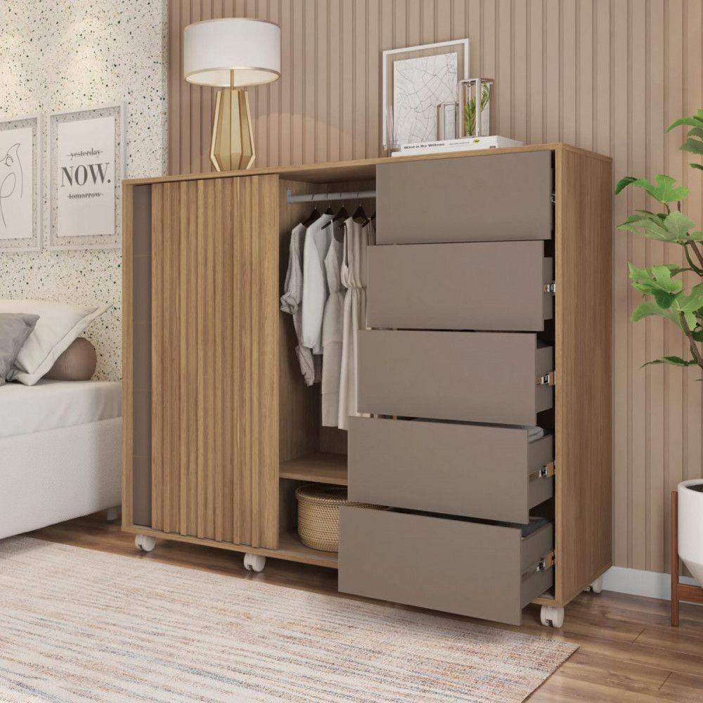 Miniatura Cômoda Com 5 Gavetas 2 Portas Pegasus Com Rodízios Caemmun Buriti Ripado/ Fendi