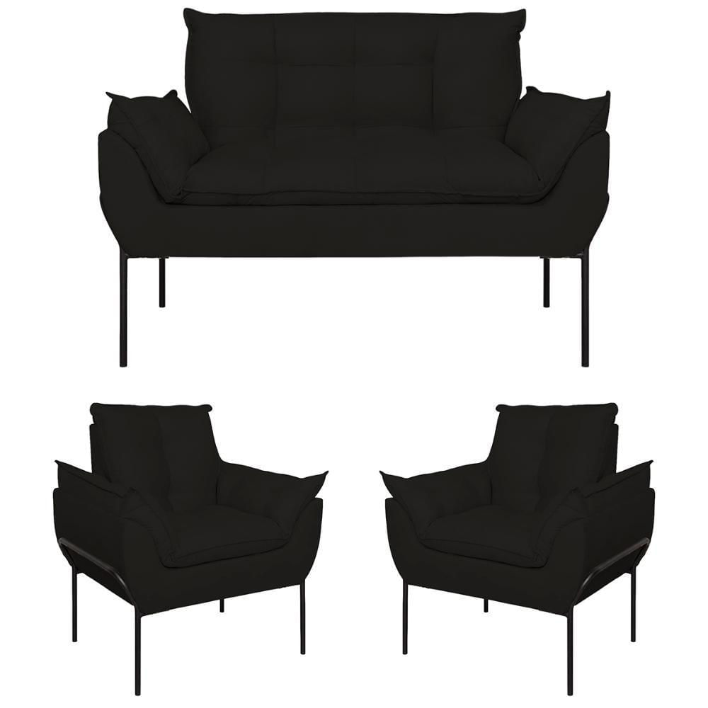 Miniatura Kit 02 Poltronas + Namoradeira Pé Metal Preto Recepção Sala Preto