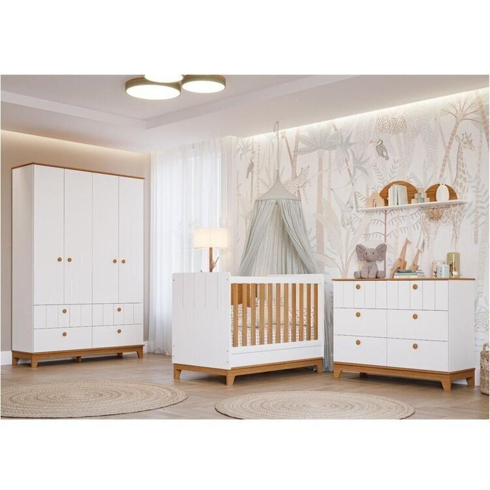 Miniatura Conjunto Quarto de Bebê 1 Berço 1 Cômoda 6 Gavetas 1 Guarda Roupas 4 Portas 4 Gavetas Chantilly Branco/Nature