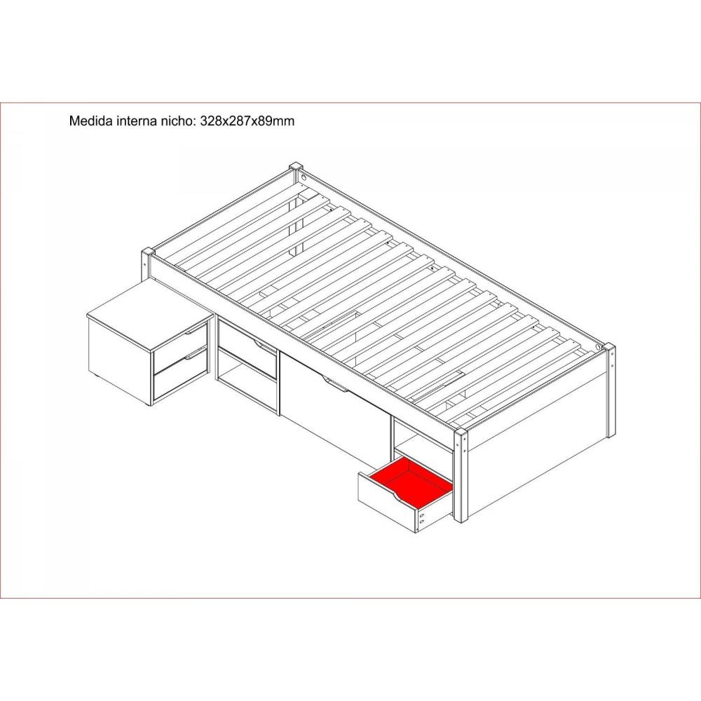Cama Solteiro com 3 Gavetas e 1 Mesa de Cabeceira Charme Inter Link Branco Lavado