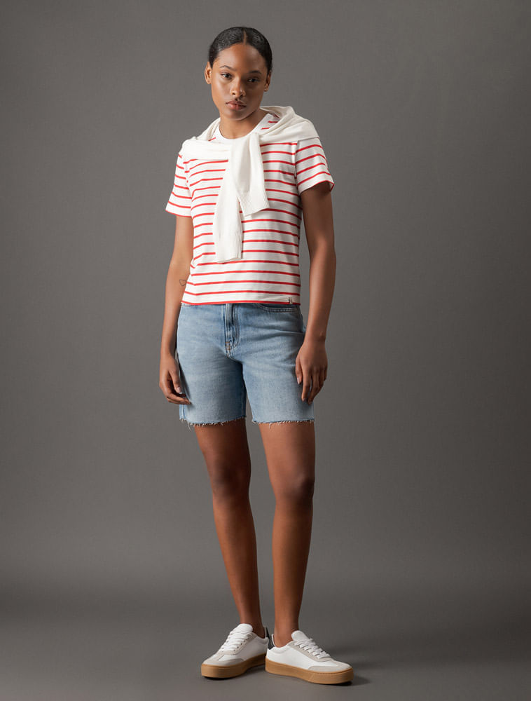 Miniatura Camiseta Feminina Listras Calvin Klein Jeans - Vermelho Camiseta Feminina Listras Calvin Klein Jeans Vermelho g