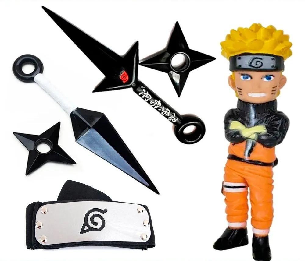 Miniatura Boneco Do Naruto Kit Bandana + Kunai + Shuriken Preto