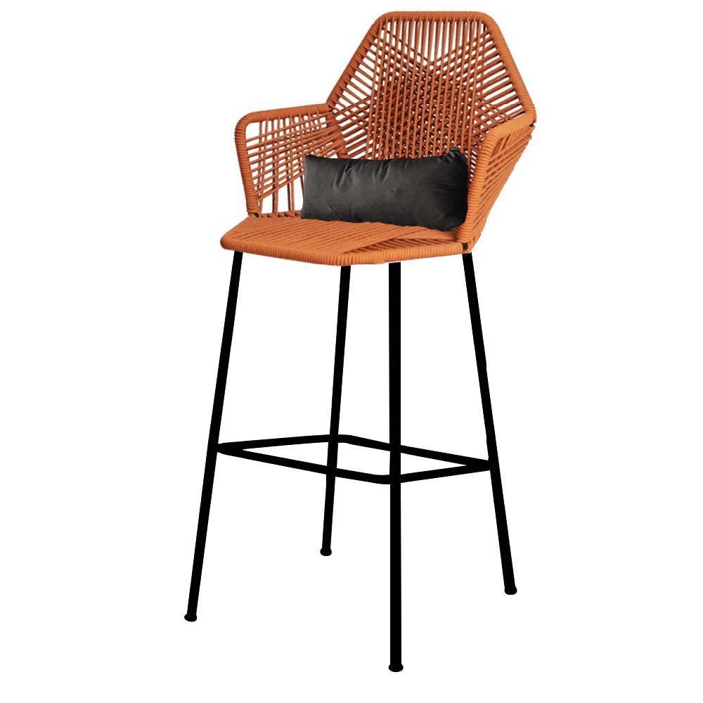 Miniatura Banqueta Alta Com Encosto Ferro Preto Fibra Terracota Almofada Cinza