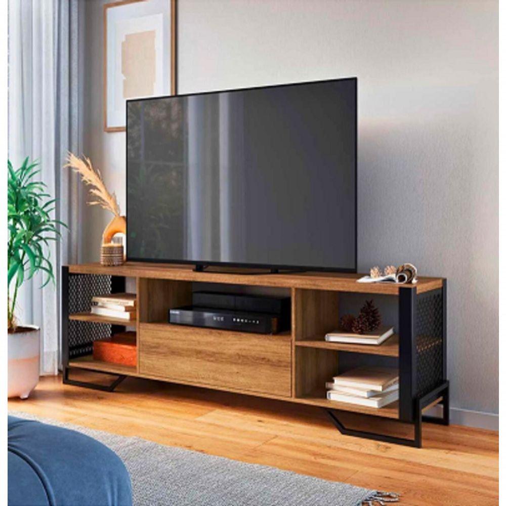 Miniatura Rack Com Grade Lateral Aço Ferro Metal Robusto Cor Preto Mdf Claro Estilo Industrial