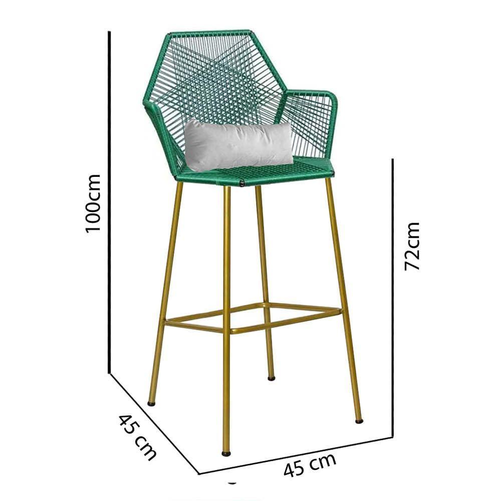 Miniatura Kit 07 Banqueta Alta Sttar Ferro Dourado Fibra Verde Almofada Sintético Branco