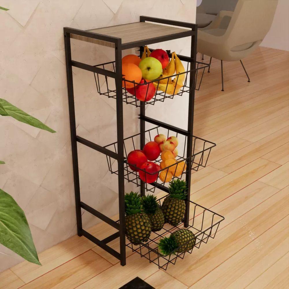 Miniatura Fruteira 3 Cestos Cozinha Preto Em Aço Base Amadeirado