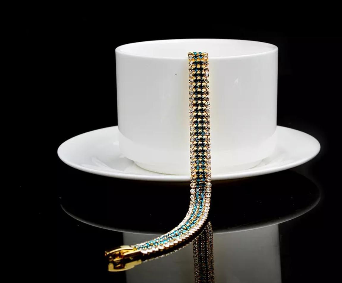 Miniatura Pulseira Dourada Faixas Strass Cores Azul