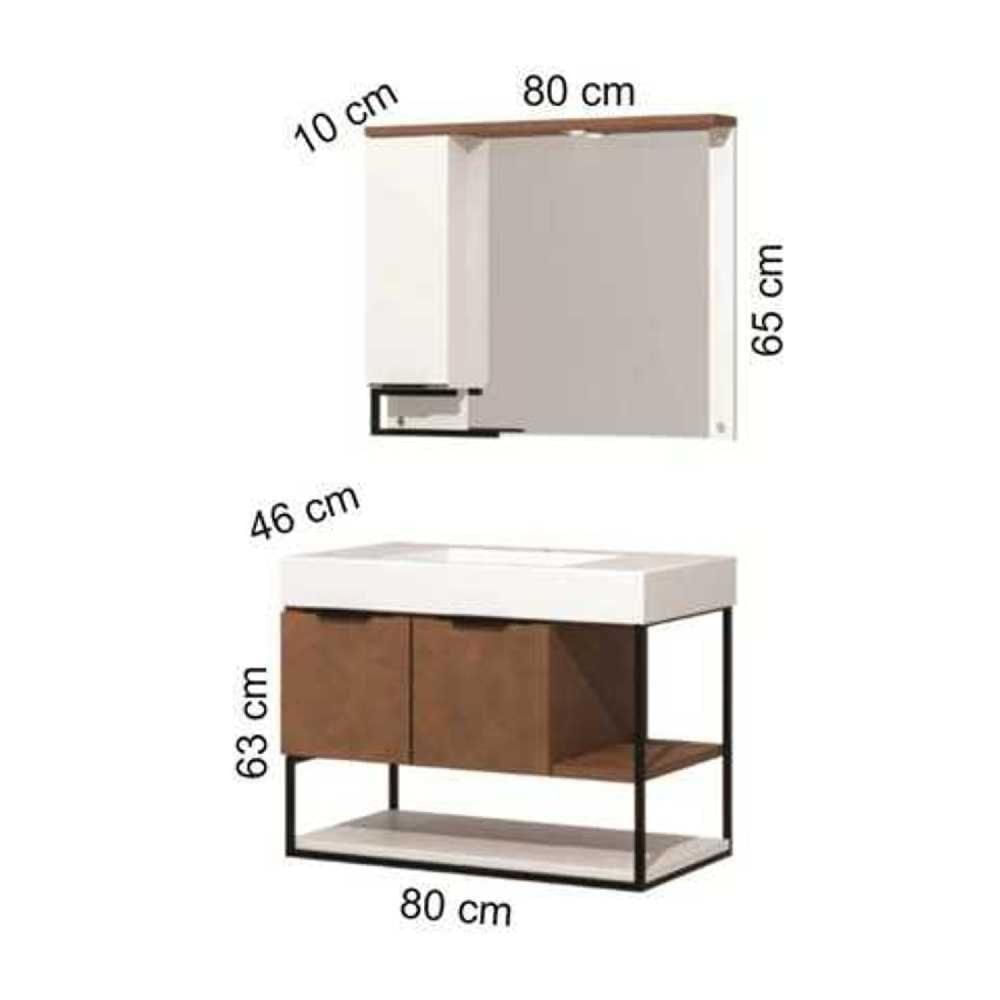Miniatura Gabinete Suspenso 80cm com Lavatório e Espelheira com LED Chicago Berton Camelo/Branco