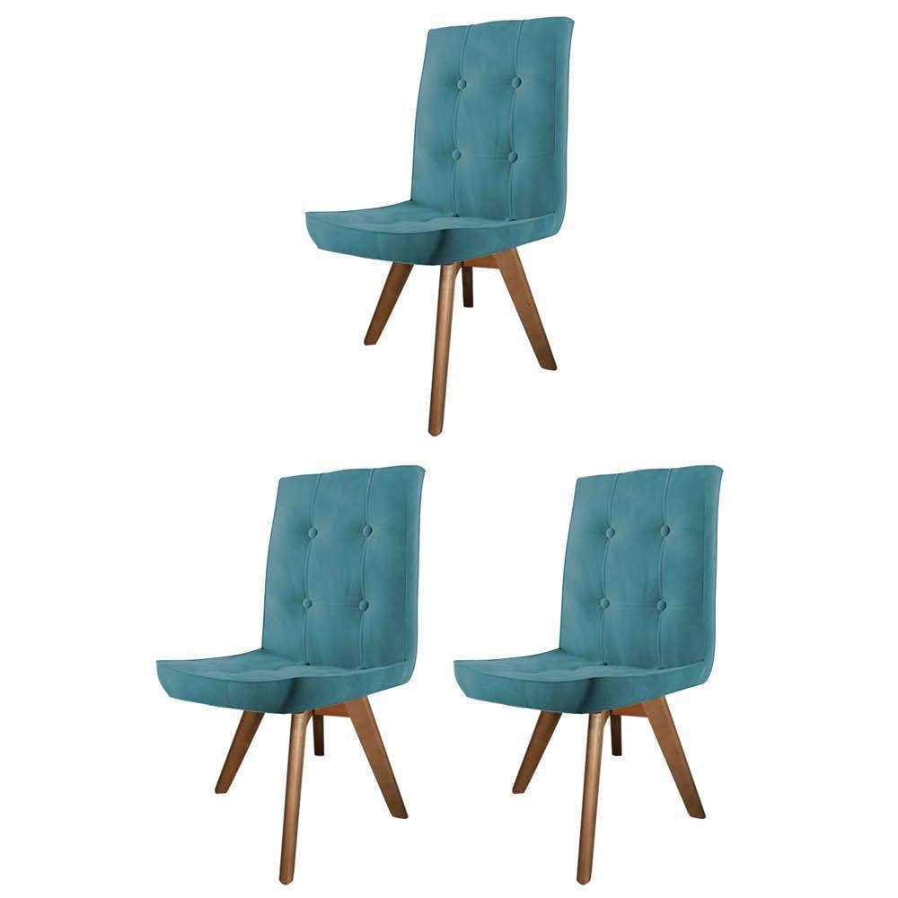 Miniatura Conjunto 03 Cadeira De Jantar Drop Com Botão Base Giratória Carvalho Suede Azul Turquesa