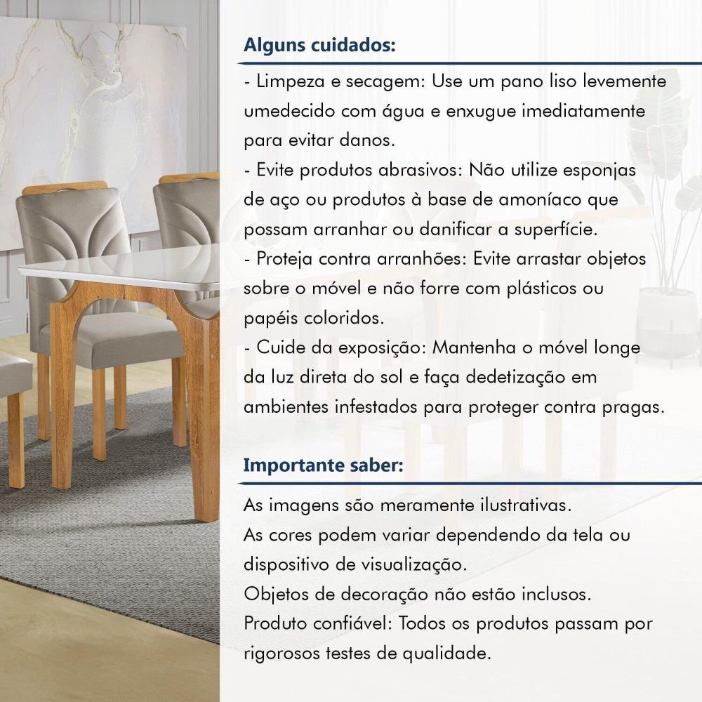 Conjunto Mesa Melina 170cm X 90cm com 6 Cadeiras Carolina Tampo Smart Plus com Vidro Cinamomo/Off White/Bege Claro