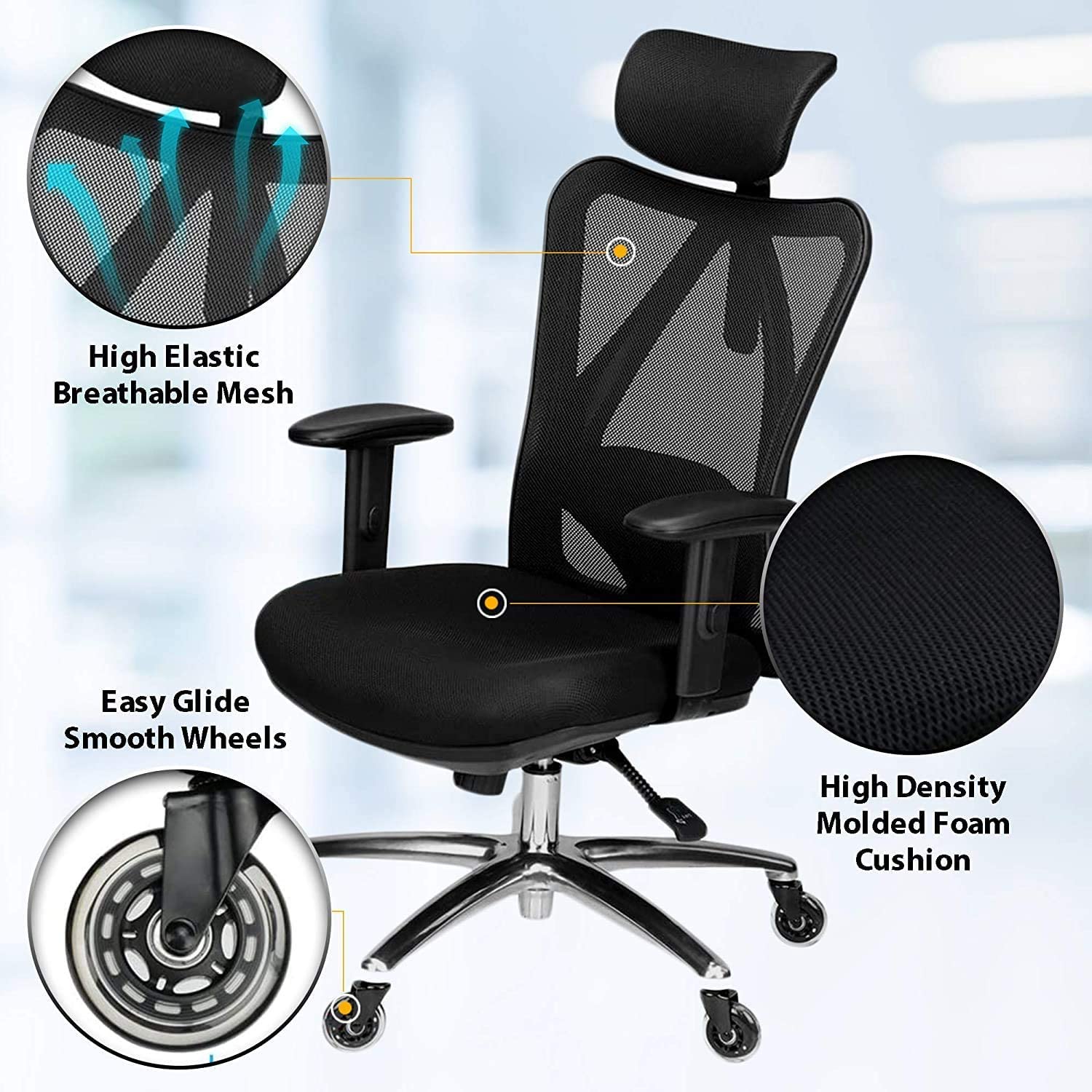 Miniatura Duramont Ergonomic Office Chair Adjustable Desk Chair with Lumbar Support and Rollerblade Wheels High Back Chairs with Breathable Mesh Thick Seat Cushion Head and Arm Rests Reclines