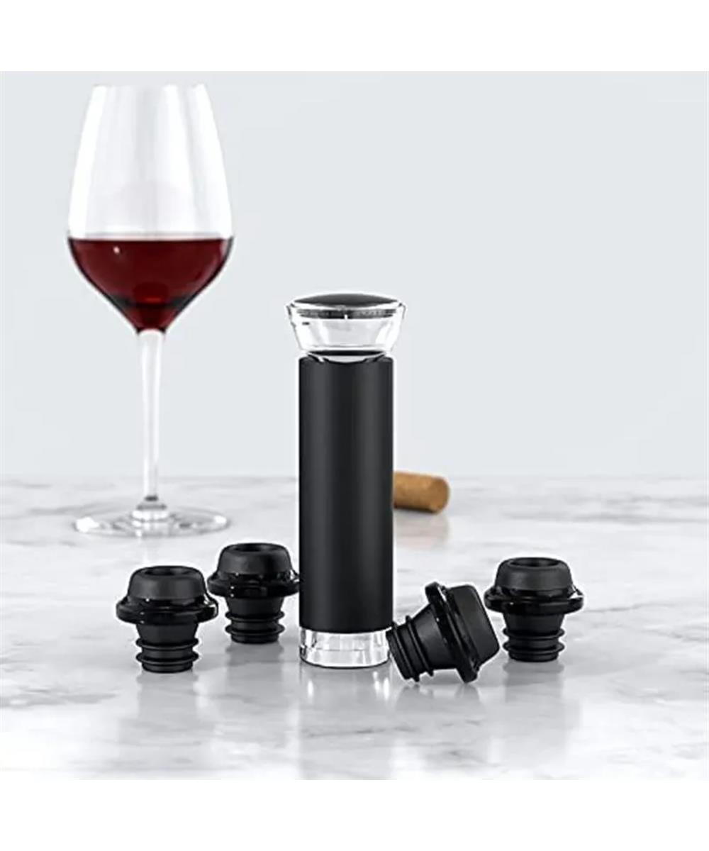Miniatura Kit Bomba a Vácuo Manual Vinhos com 4 Rolhas Prana Adega Bar Preto