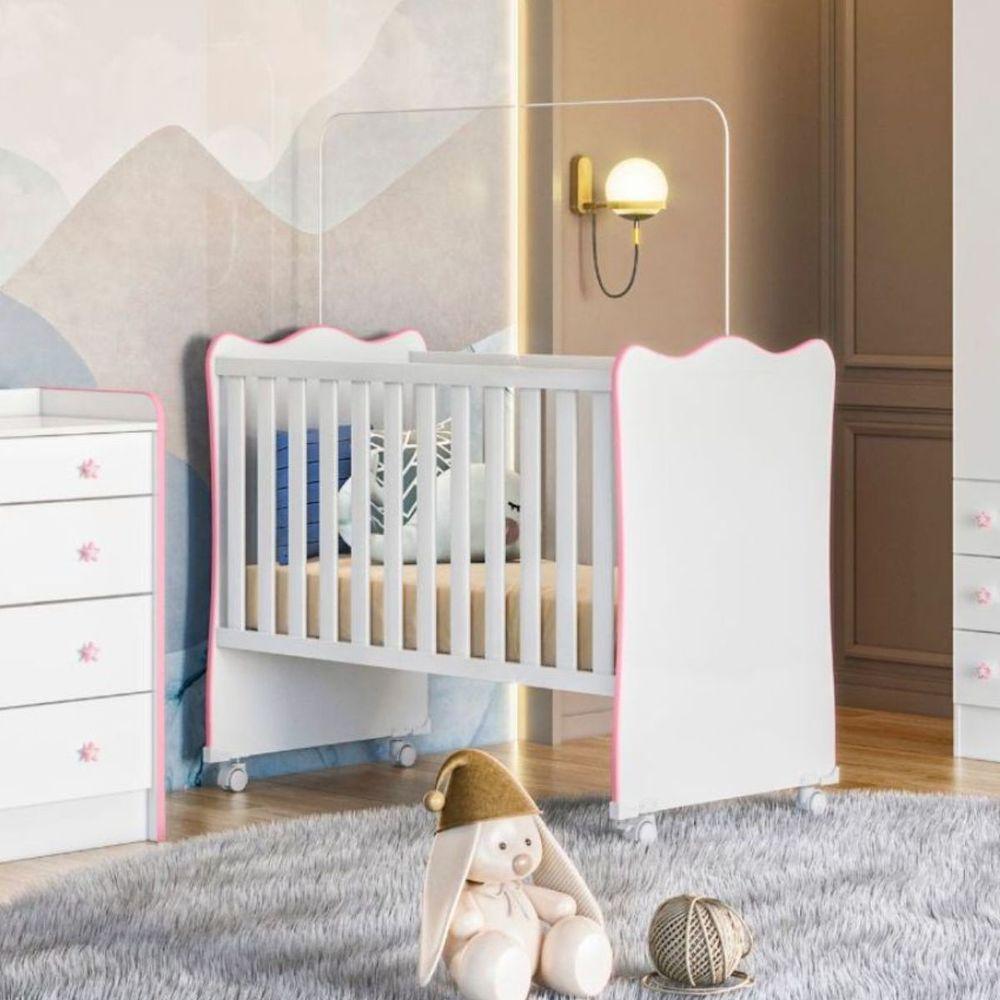 Berço De Bebê Com Rodinhas Para Quarto Infantil Doce Sonho branco Rosa