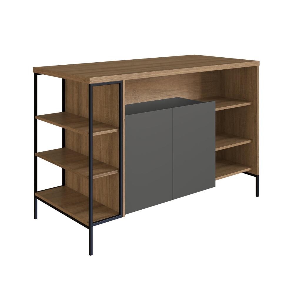 Miniatura Mesa Bancada Gourmet Estilo Industrial 131cm com Armario 2 Portas Preto/Mel/ Grafite