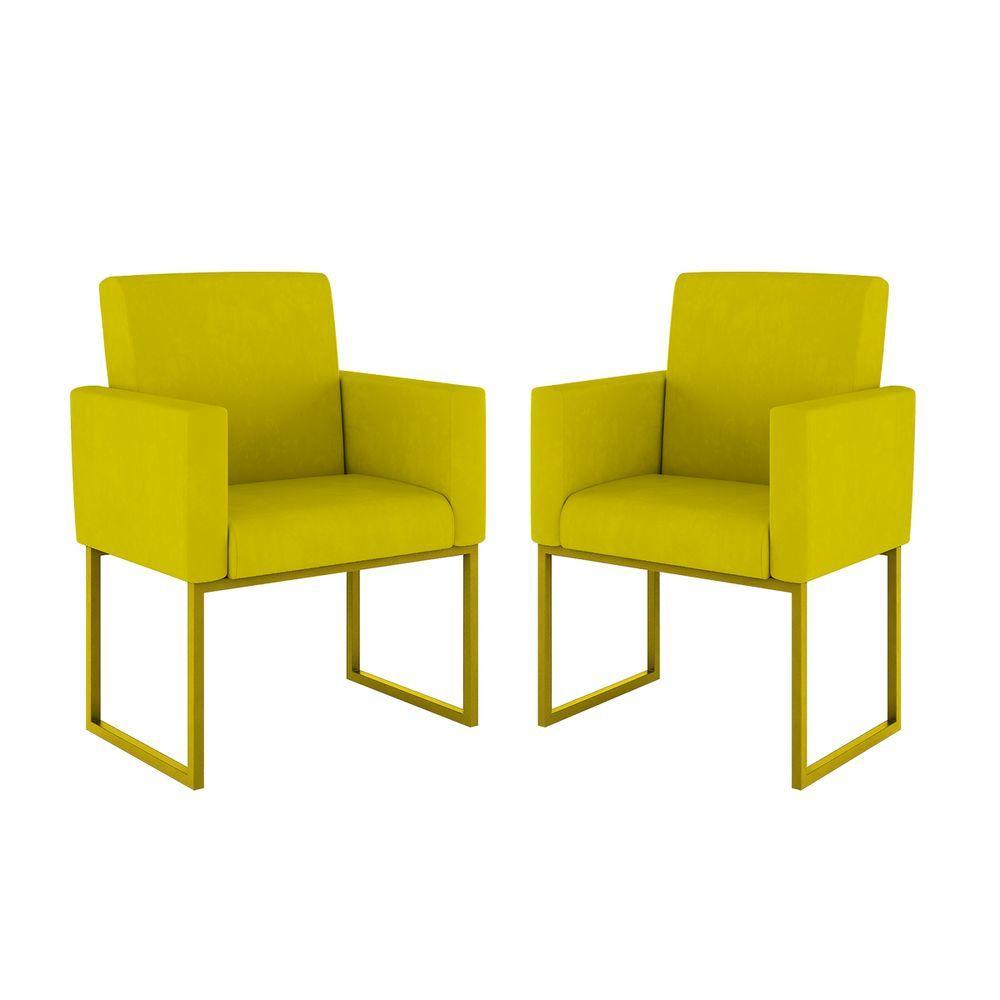 Miniatura Kit 02 Cadeiras Poltronas Sala Quarto Base De Ferro Dourada Amarelo