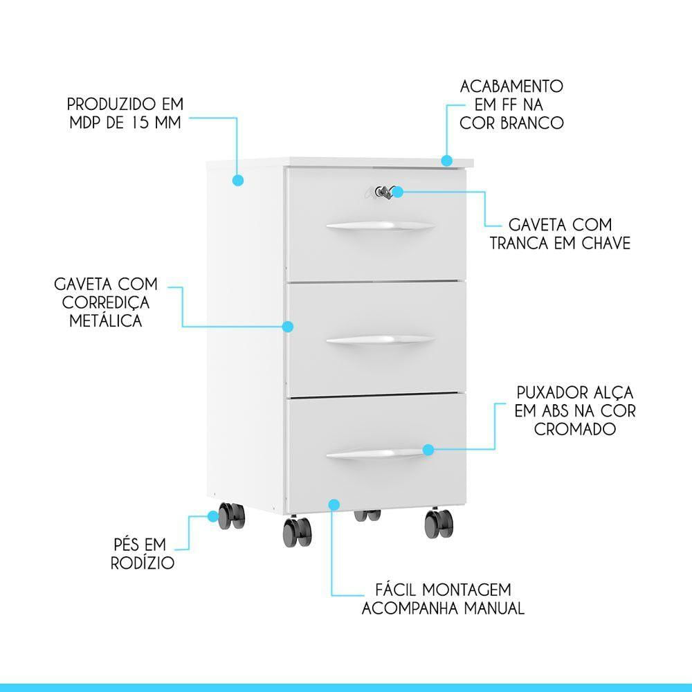 Miniatura Gaveteiro Para Escritório 3 Gavetas Rodízios Mdp Menu Móveis Branco