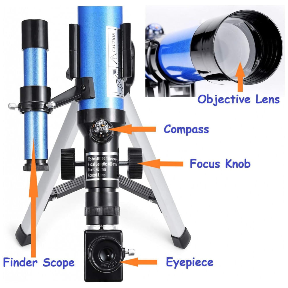 Miniatura Telescópio Astronômico 400x com 3 Oculares de Ampliação e Espelho da Lua, MaxUSee, Azul