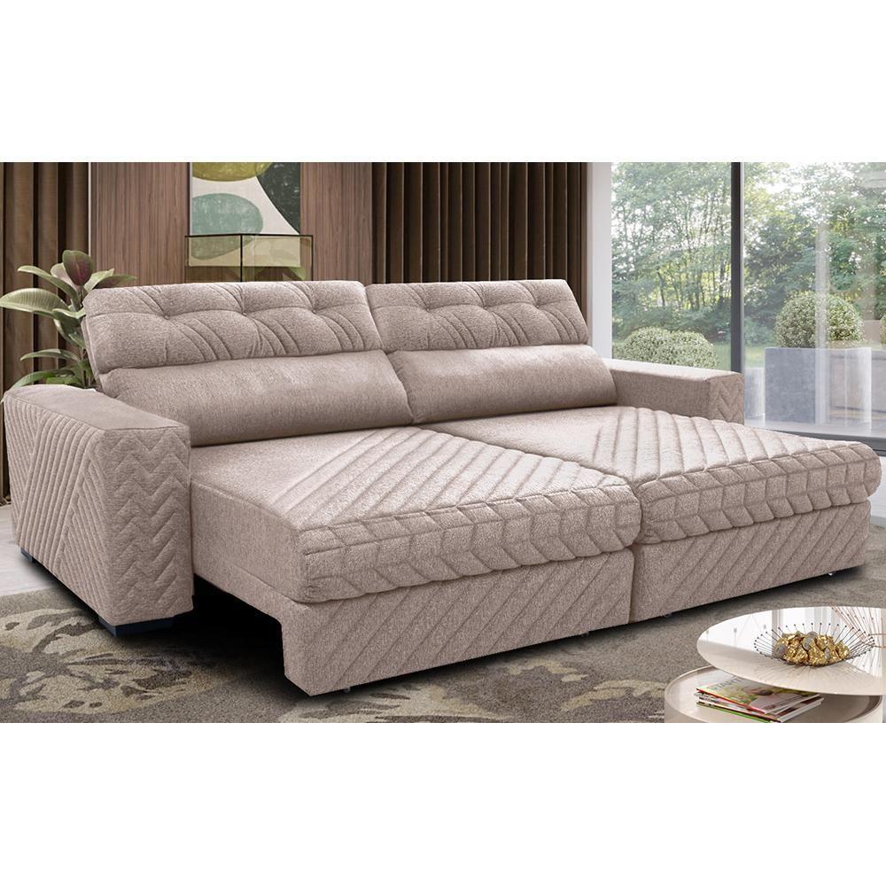 Miniatura Sofá Retrátil E Reclinável 2,55m Molas Ensacadas Cama Inbox Style Thermo Gel Linho Bege Claro