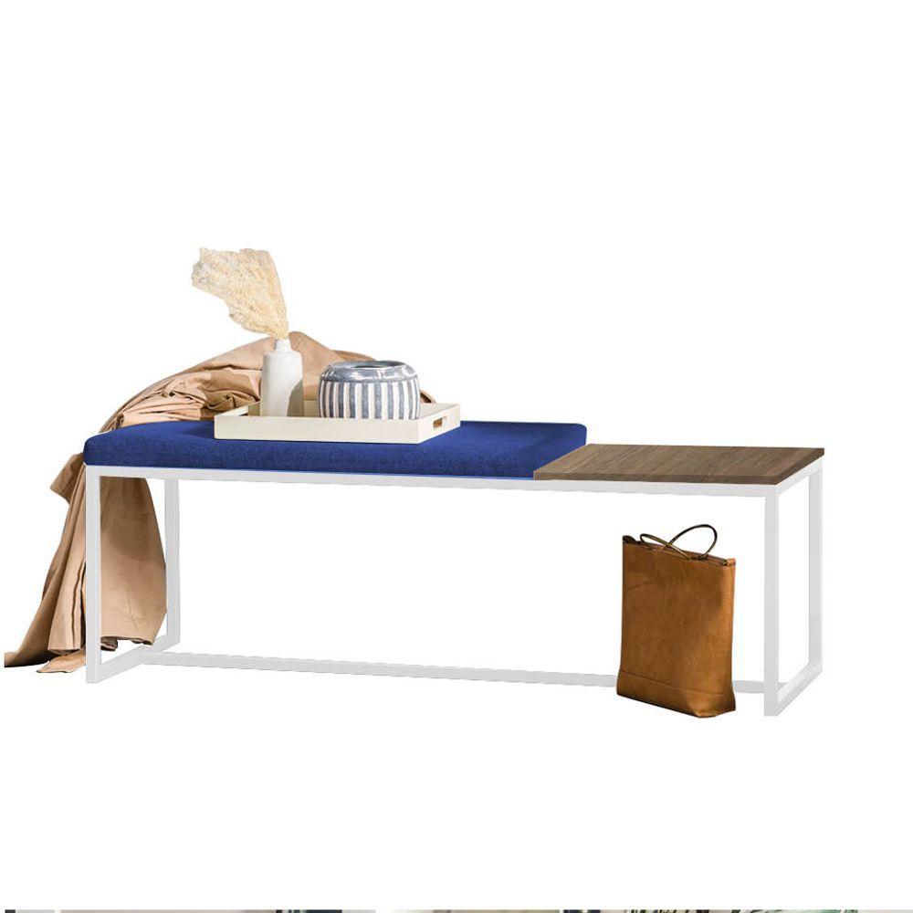 Miniatura Banco Recamier Puff 160cm Industrial Branco Sintético Azul Marinho Tampo Quadrado Mdf Imbuia